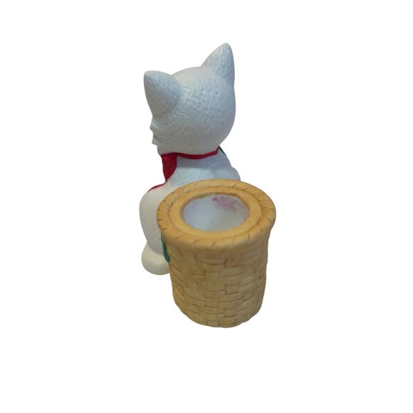 Vintage 1987 Lefton White Christmas Cat Figurine W/ Red Bow & Holly Candle Holde - Picture 2 of 6